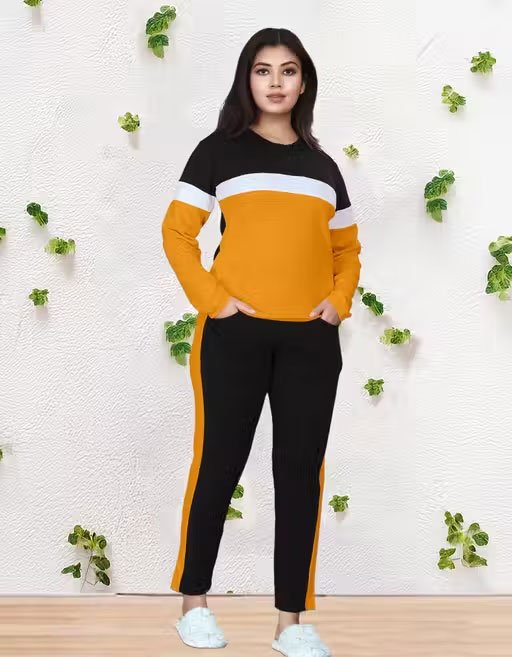 Women's Colorblock Lounge Co-Ord Set – Black & YELLOWF ull Sleeve Combo - Image 2